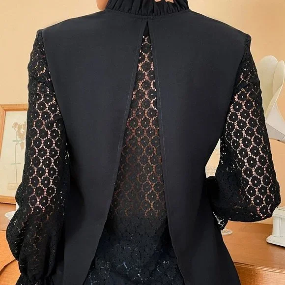Black Elegant Womens Contrast Lace Flounce Sleeve Frilled Neck Blouse - Picture 2 of 4